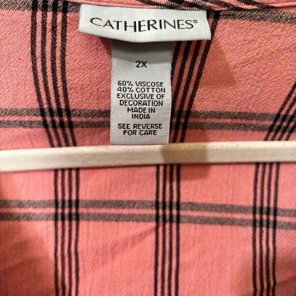 Catherines Top Womens 2X Multicolor Plaid Floral Embroidered Peasant Blouse - Picture 6 of 7